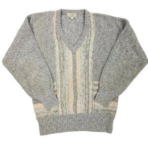 Vintage 60s Wool Blend Gray & Pink Pastel Abstract V-Neck Golf Sweater Small